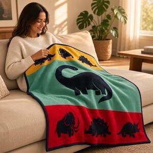 Vintage 80's Dinosaur Throw Blanket Plush Reversible Twin Size Crown Crafts